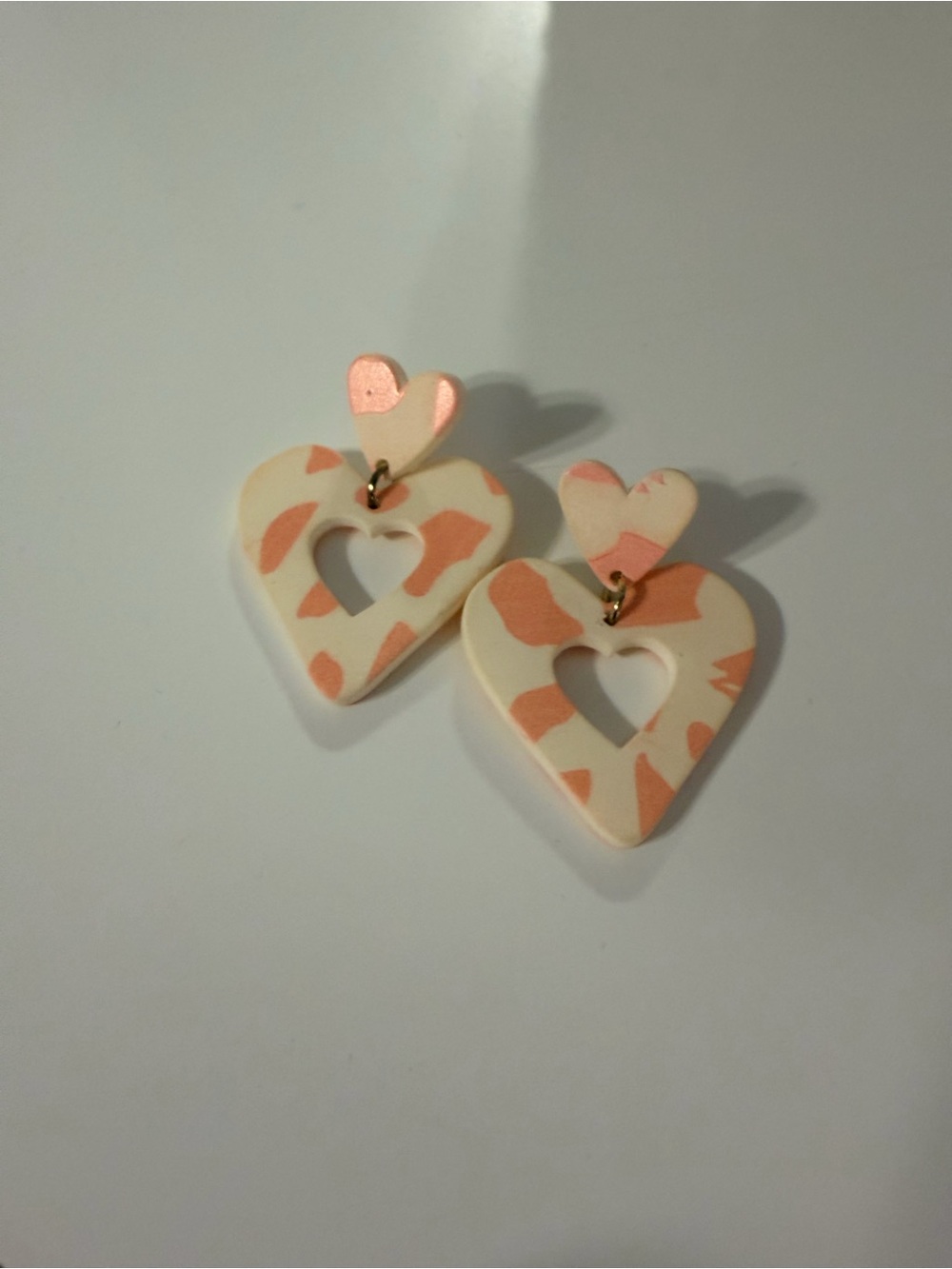 Handmade Cream and Pink Heart Dangle Earrings
